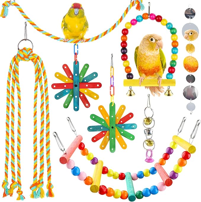 QUOZUO 8 pcs Bird Toys for Parakeets with Colorful Ladder Hammock Bird Cage Accessories Bird Perch Stand Chewing Toys Hanging Bell Parrot