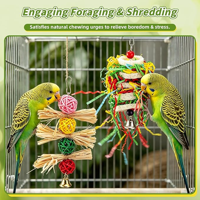 8 PCS Bird Toys & Perches Set - Natural Apple Wood & Hardwood Branches, Birch Ladder Swing, Foraging Shredding Chewing Toys for Parakeets, Cockatiels, Small Medium Bird Cage Accessories