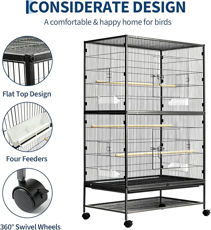 60" H Large Bird Cage, Rolling Bird Cage with Storage Stands, Feed Bowls, Wide Flight Parakeet Cage for Macaw, Parakeets, Conures, Cockatiel, Cockatoo
