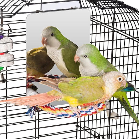Colorday 7" Bird Mirror for cage with Rope Perch, Bird Swing, Parrot Cage Toy for Parakeet Budgie African Grey Conure Cockatiel Lovebird Finch Canarie, Medium