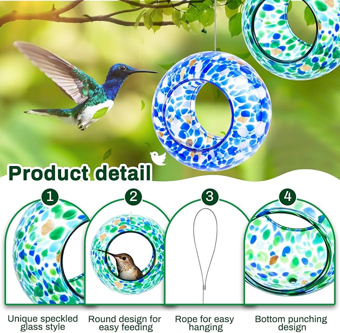 Patelai 2 Pcs Bird Feeder Mosaic Glass Hanging Bird Feeder Round Birdfeeder Fly Through Balcony Birdfeeder for Backyard Window Outdoor Garden Deck Porch Decorations, 6 Inch (Cute)