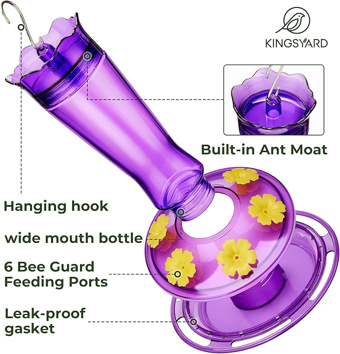 Kingsyard Glass Hummingbird Feeder for Outdoors Hanging, 14 oz Leak-Proof Humming Bird Feeders with Ant Moat & Bee Proof Feeding Ports, Hummingbird Gift for Bird Lovers (Purple)