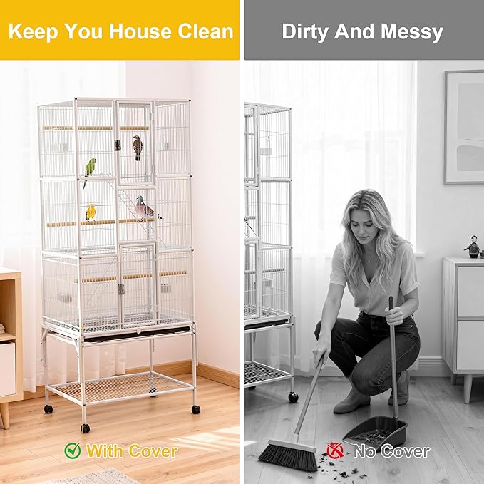 69 inches Bird Cage with Dust Cover, Birdcages with Rolling Wheels, Large Bird Cages for Cockatiels Quaker Conure Parakeet Lovebird Finch Canary Small Medium Parrot Cage Birdcage, White