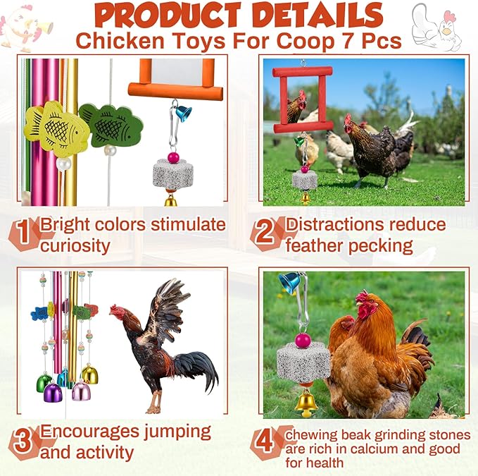 VioraWhite 7 Pcs Chicken Toys, Hanging Chicken Wind Chime, 2 Pcs Coop Mirror Toys with Bells 4 Pack Beak Grinding Stones, Musical Coop Accessories for Hen Rooster Chick Poultry Birds(Red, Orange)