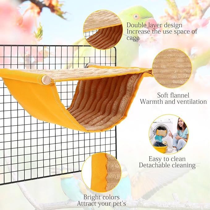 Winter Warm Bird Nest Bed, Parrot Hanging Bed Cage Hammock Snuggle Hut Parrot House Tent Bird Cage Stand Perch for Parakeet Budgies Cockatiels Lovebird Cockatoo Finch Hamster Chinchilla(Yellow)