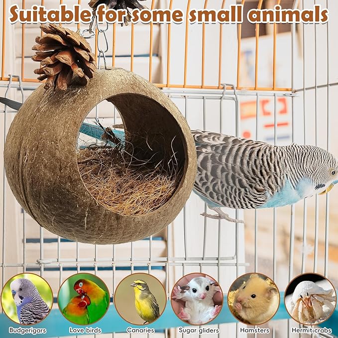 PINVNBY Natural Coconut Shells Bird Nest, Double-Opening Bird House with Coir Fiber Outdoor Hanging Coco Hide Hummingbird Nest for Small-Sized Budgies Canaries and Sugar Gliders