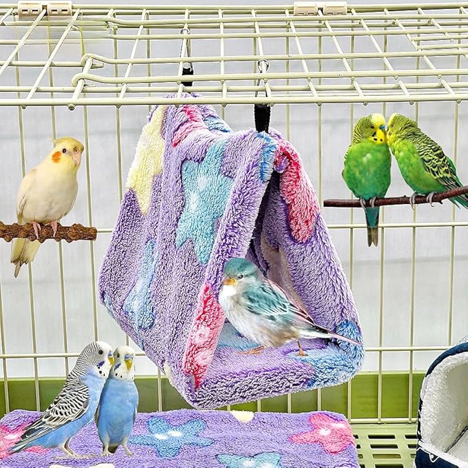 2 Pack Bird Nest Plush Snuggle Bird Hammock Hanging Bird Cave Parrot Sleeping Bed Shed Hut Hanging Tent for Budgies Finch Parakeet Cockatiel Cockatoo Lovebird-Star Pattern (Brown&Purple)