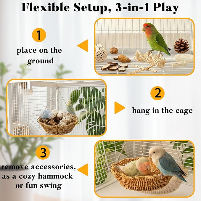 20Pcs Bird Foraging Toy Set with Hanging Basket, Natural Shredding & Chew Enrichment Toys for Parrots Cockatiels, Budgies, Parakeets, Cage or Floor Puzzle Foraging Toys for Mental Stimulation