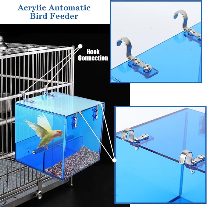 Automatic Bird Feeder Residue-Free Bird Cage Pet Feeder Seed & Pellet Container for Long-Tailed Parrots, Budgerigars, Canaries, Cockatiels, Lovebirds Acrylic Material Blue 6.3 x 6.3 x 6.3 Inches