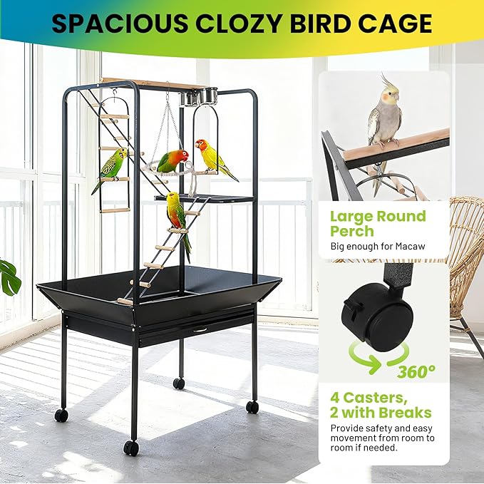 Pet Products Parrot Playstand with Wheels, Bird Cage Stand Activity Play Center with Perches and Ladders, Indoor Outdoor Playground for Birds, Black Hammertone Finish