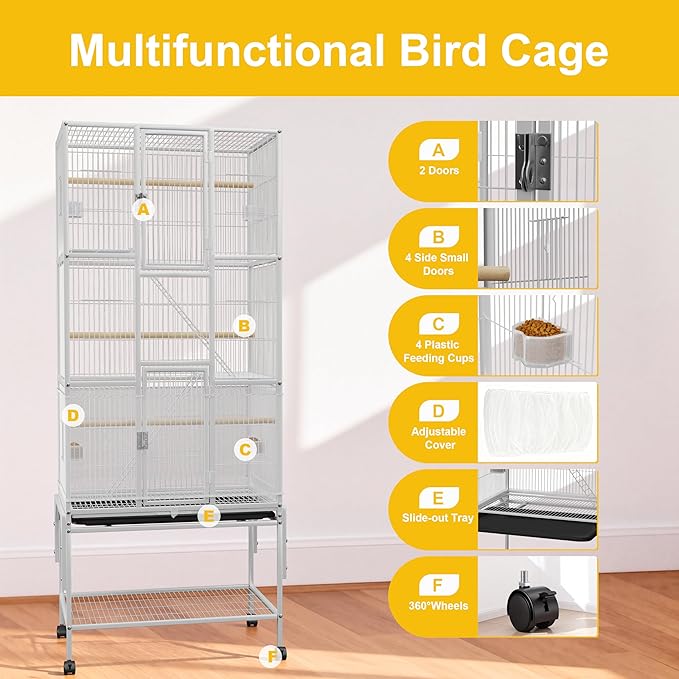 69 inches Bird Cage with Dust Cover, Birdcages with Rolling Wheels, Large Bird Cages for Cockatiels Quaker Conure Parakeet Lovebird Finch Canary Small Medium Parrot Cage Birdcage, White