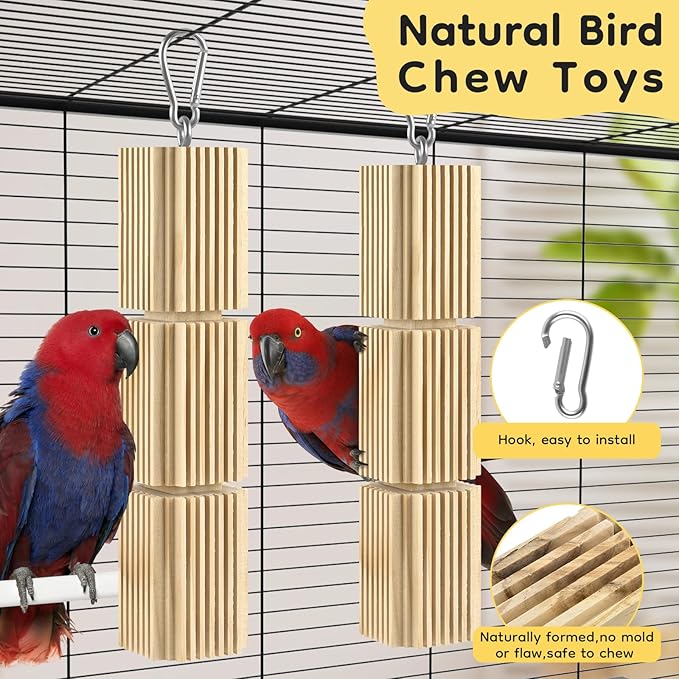 DBNESS 2 PCS Bird Chew Toys, Natural Hanging Parrot Foraging Beak Grinding Wood Chewing Blocks for Medium Quaker Caique Conure Cockatiel African Grey Birds Cage Accessories Similar Sized Pet Birds
