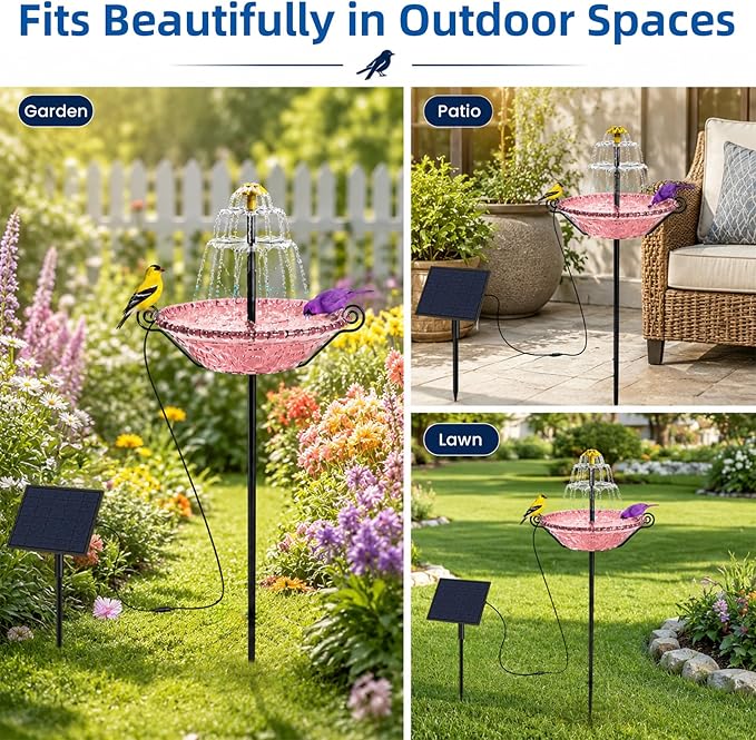 Bird Bath for Outside with Solar Fountain, Plastic Bowl on Metal Stake and Ground Stand, Freestanding Garden Accent for Yard and Patio (Pink(L))