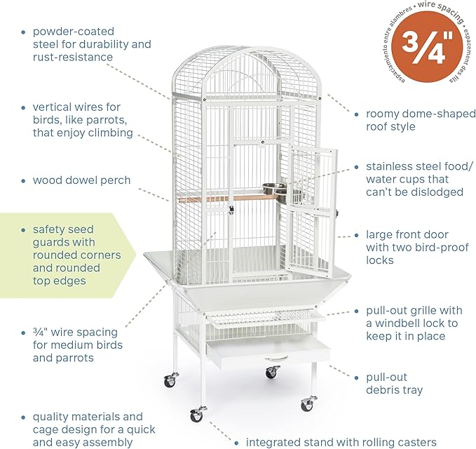 Prevue Pet Products Dome Top Bird Cage - Powder‑Coated Steel Cage with Wheels, Push Button Locks, Seed Guards and Perch, Ideal for Cockatiels, and All Small-Medium Sized Birds - Chalk White