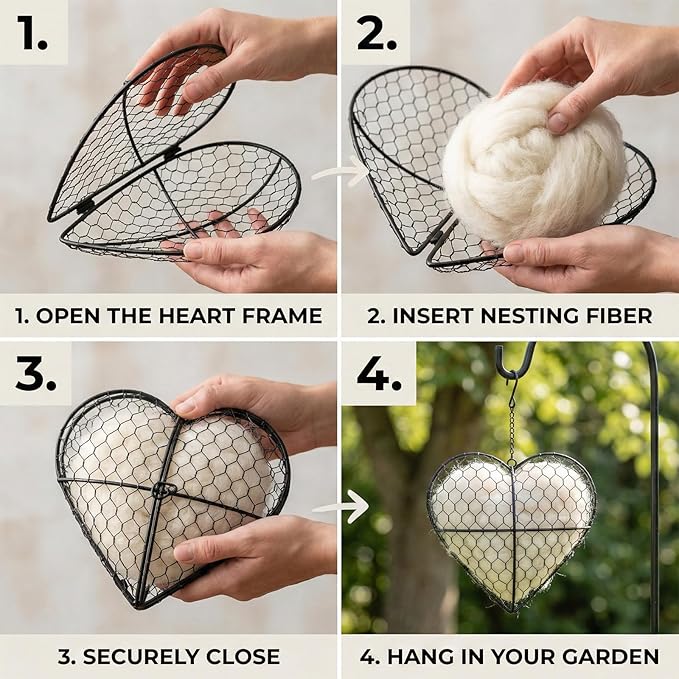 Handmade Alpaca Fiber Bird Nesting Heart - Refillable Bird Nesting Material Holder & Garden Decor - Alpaca Wool for Bird Nesting Dispenser & Nesting Material for Wild Birds Station (Black)
