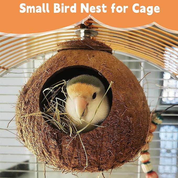 Coconut Bird Nest for Cage Natural Coconut Shell Birds House Parakeet Small Coconut Hide Breeding Hut Bird Cage Accessories for Parrot Lovebirds Budgies Cockatiel Conure Finch Canary