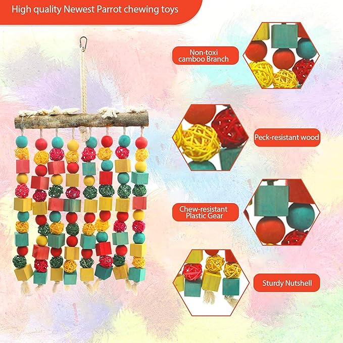 MQ Large Bird Parrot Toy,Bird Chewing Toy Natural Wooden Wooden Blocks Takraw Parrot Cage Bite Toy Suits for Large Medium Birds Macaws African Grey Cockatoos Amazon Parrots