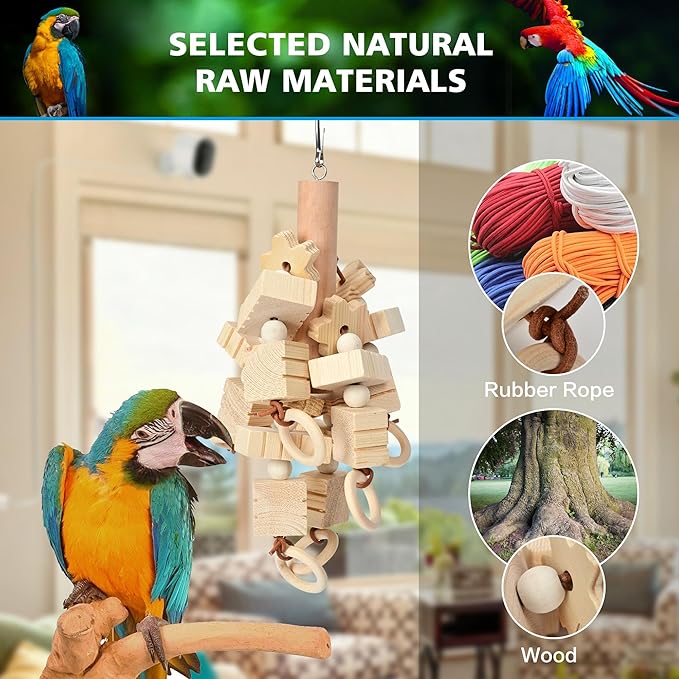 Large Bird Toys Pet Cage Accessories Pet Supplies, Handmade Parrot Wooden Chewing Toys