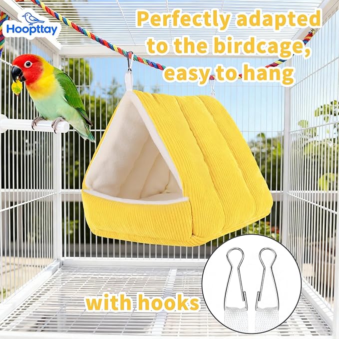 Bird Bed for Cage Winter Warm Bird Bed with Soft Plush Hanging Hammock & Hut Tent, Hideaway Sleeping Nest for Budgies, Parakeets, Cockatiels (Yellow, M)