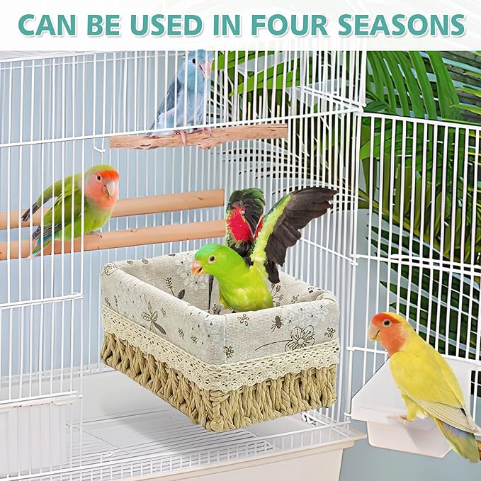 kathson Bird Nest Parrot House Birds Sleeping Bed Straw Weave All Season Hanging Hammock Bird Bed Snuggle Hut Birdcage Accessories for Parakeets Budgies Cockatiels Conures Quaker Parrot
