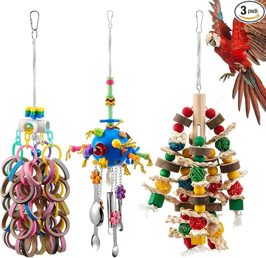 Seenelling 3 Pcs Extra Large Bird Parrot Toy Multicolored Natural Wooden Parrot Cage Chewing Toys for Large Medium Macaws Cockatoos African Grey Birds (Ring and Ball)