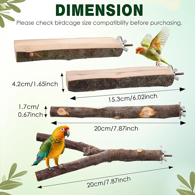 Saillong 4 Pack Natural Wood Bird Perch, Multi Branch Parrot Stand, Toy for Parakeet, Cockatiels, Conures, Lovebirds, Long Tailed Small Parrots Climbing Chewable Standing Cage Accessories