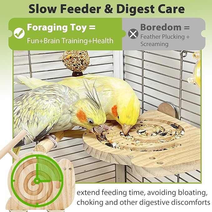 Bird Foraging Toys with Perch, Kiln-Dried Wood Bird Enrichment Toys for Slow Feeder, Parakeet Toy for Cages Reduce Seed Mess, Visible Food Design Parrot Puzzle for Novice/Older/Slow-Learning Birds