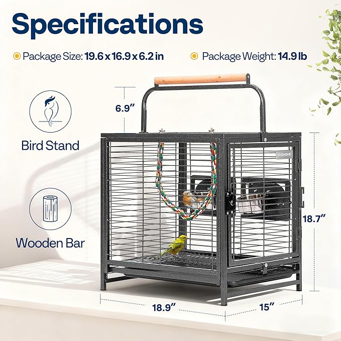 VIVOHOME 19 Inch Wrought Iron Bird Travel Carrier Cage for Parrots Conures Lovebird Cockatiel Parakeets Black