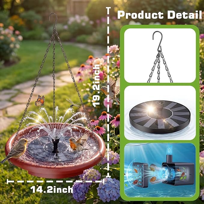 AISITIN 15" Hanging Bird Bath with Solar Fountain, Outdoor Hanging Bird Bath Bowl with 3-Tier Steps, Solar Powered Water Fountain for Bird Bath, Feeder, Drinking, Garden Patio Lawn Backyard
