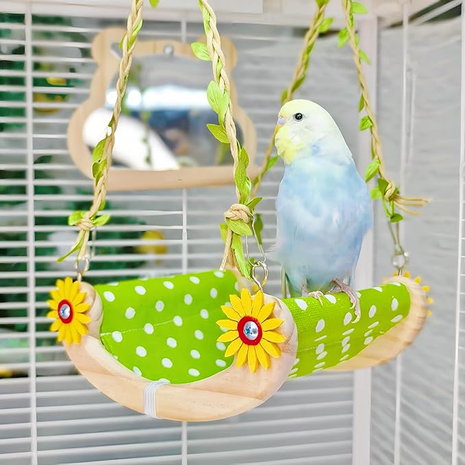 Bird Nest for Cage Parakeets Sleeping Bed Hanging Bird Hammock Parrot Bed Nest Wooden Perch Stand Swing for Conure, Budgie, Lovebird, Finch, Small Pets-Curving Perch