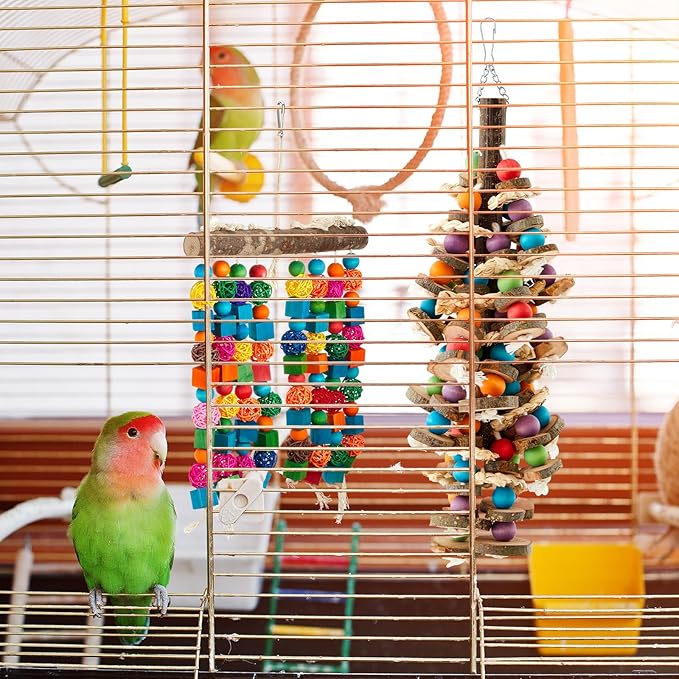 Seenelling 4 Pcs Extra Large Bird Parrot Toy Multicolored Natural Wooden Parrot Cage Chewing Toys for Large Medium Macaws Cockatoos African Grey Birds (Block and Ball)