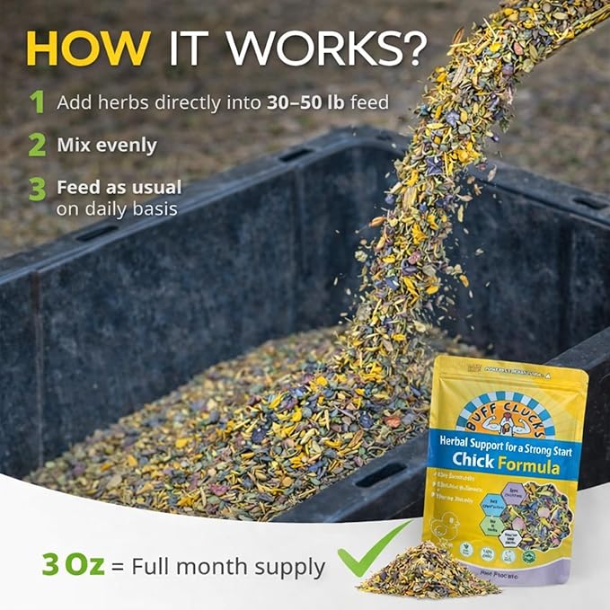 Buff Clucks Chick Formula Herbal Supplement for Baby Chicks – All-Natural Botanical Blend for Daily Wellness, Feather Quality – Plant-Based Herbs for Coop Snacks - Calendula, Oregano, Lemon Balm, USA