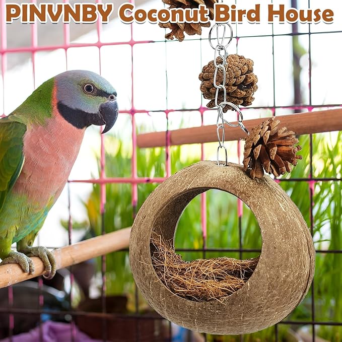 PINVNBY Natural Coconut Shells Bird Nest, Double-Opening Bird House with Coir Fiber Outdoor Hanging Coco Hide Hummingbird Nest for Small-Sized Budgies Canaries and Sugar Gliders