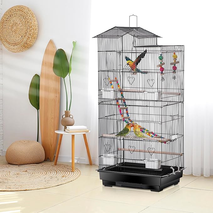 SUPER DEAL 39'' Roof Top Parrot Bird Cage with Toys for Cockatiel Sun Conure Parakeet Finch Budgie Lovebird Canary Large Flight Pet House