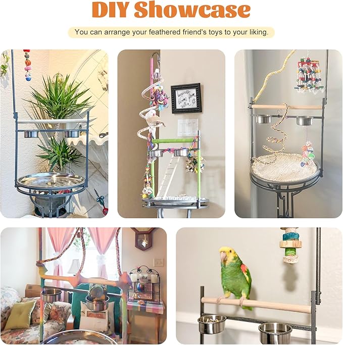 COZIWOW 72" Parrot Stand,Stainless Steel Tray Bowls Large Bird Playstand,Parrot Perch with Easy Grip,Wrought Iron Bird Stand with Toy Hook,Macaw Play Gym Ground Stand Rolling Wheel,Pet Gift