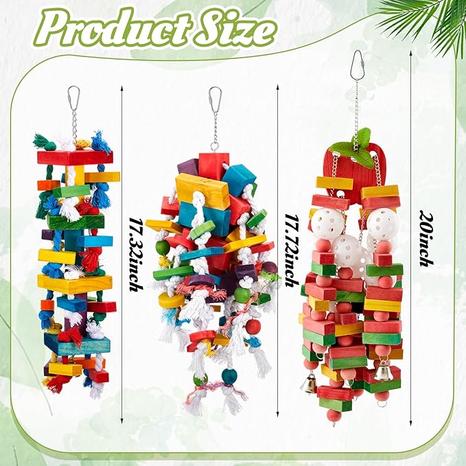 Seenelling 3 Pcs Extra Large Bird Parrot Toy Multicolored Natural Wooden Parrot Cage Chewing Toys for Large Medium Macaws Cockatoos African Grey Birds (Block and Rope)