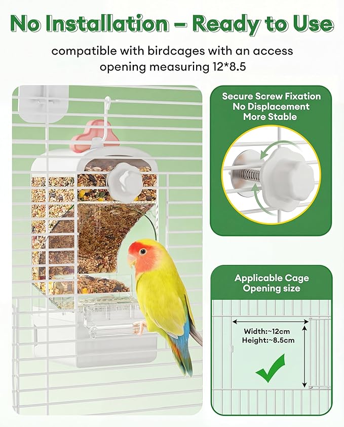Bucatstate Automatic Bird Feeder for Cage, No Mess Self Cleaning, Large Capacity with Waste Drawer, No Installation Required, Parakeet Feeder for Parrots Budgies Cockatiels Canaries (Pink White)