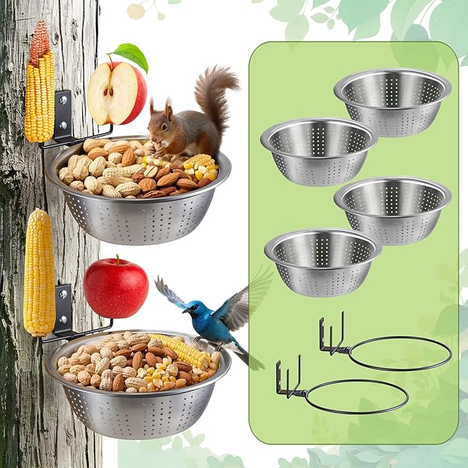 2 Pack Squirrel Feeders, 4 Colander Bowls (Each 8.5"/1.4L) for Replacement, Dual Corn Cob Spikes for Multi-Food, Metal Squirrel Feeders for Outside Tree Fence, Removable Bowl Easy Clean/Refill