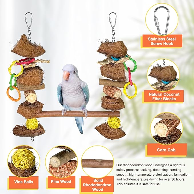 Parrot Toys Natural Coconut Fiber Parrot Hammock Bird Toys for Parrots Stand 13in for Budgerigar Parakeet Cockatiel Lovebird Sun Conure Small Birds