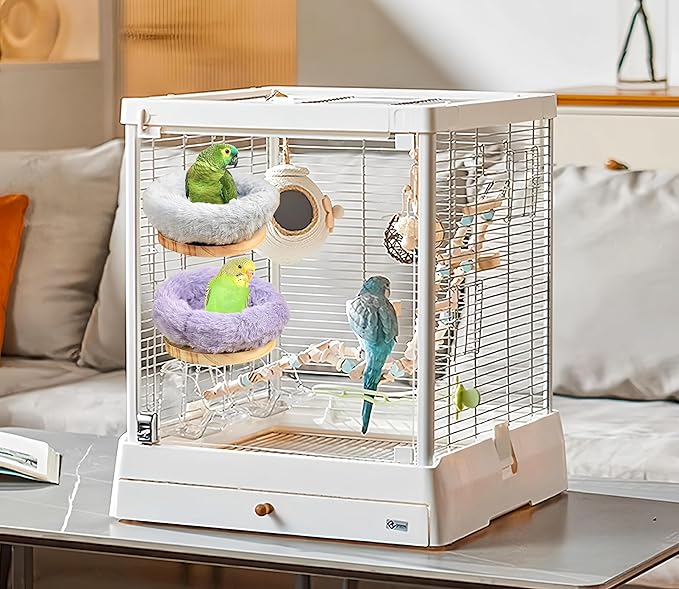 2Pcs Bird Perch Stand Platform Plush Parrot Hanging Hammock Warm Bird Nest Snuggle Hut Birds Sleeping Bed Wood Perch for Parrot, Budgies, Parakeet, Cockatiels, Conure, Lovebirds-Purple&Grey