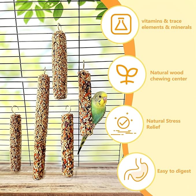 6PCS Parakeet Treat,Natural Parrots Treat Sticks,Vegetable & Grain Style Sticks,Bird Treats for Cockatiel Budgies Lovebirds Myna Canary Conure Finches