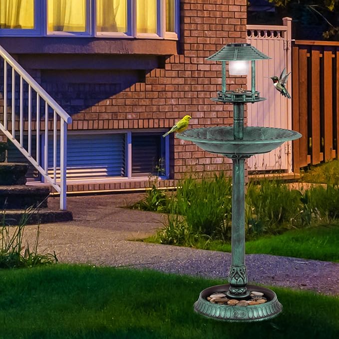 Giantex 42 inch Bird Bath Solar Lighted, Pedestal Bird Bath with Bird Feeder, Flower Planter Base, Solar Powered Lamp, 3 Ground Stakes, Standing Birdbath for Outside Garden Yard Outdoor (Green)