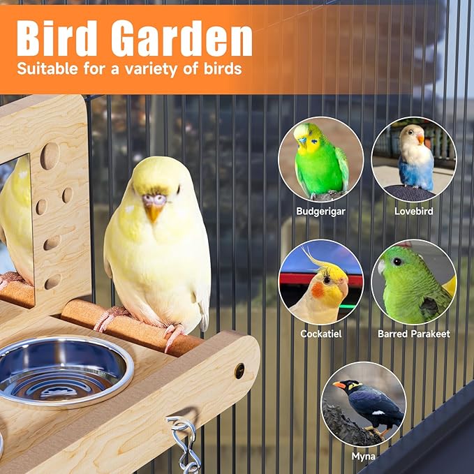 Perch Platform Bird Toys with 304 Stainless Steel Food Cup, Bird Mirror Climbing Ladder Swing, Parakeet Cage Accessories - for Cockatiels, Budgies, Pacific Parrotlets, Finch, Canaries