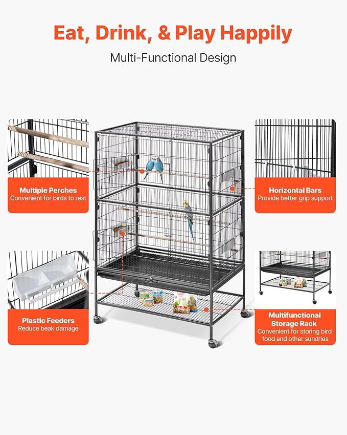 VEVOR Bird Cage, 31.5 x 20.5 x 52 inch, Flat Top, Wrought Iron Bird Flight Cage with Perches, Slide-Out Tray and Plastic Feeders, Casters, for Parrot, Blue Tit, Cockatiel, Canary, and Monk Parakeet