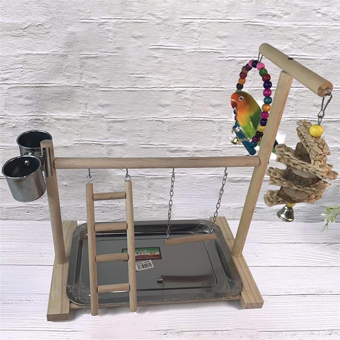 Hamiledyi Parrot Playground Bird Play Stand Play Gym with Feeder Cups,Swings, Ladder and Tray, Wood Parakeet Playground Outside Cage for Cockatiel Lovebird Budgie
