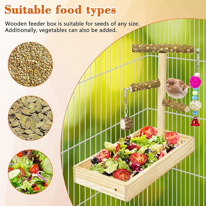 BNOSDM Wooden Bird Feeder for Cage Natural Wood Parrot Feeding Cups Bird Food Dish with Perch Stand for Parakeets, Budgies, Cockatiels, Lovebirds, Finches, Pigeons