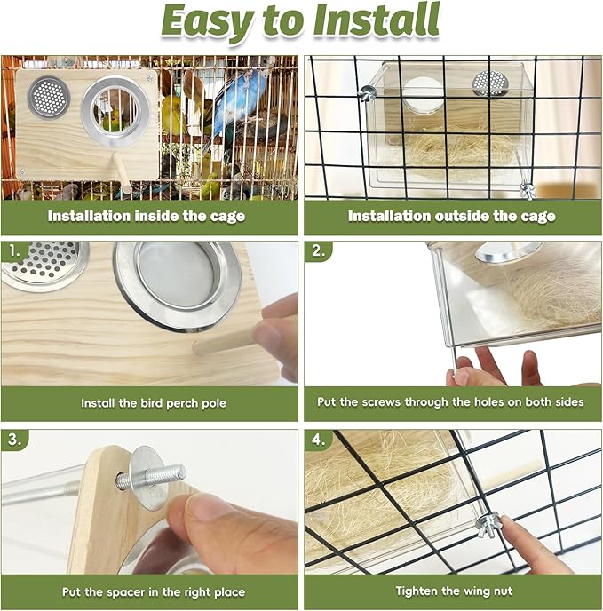 PINVNBY Transparent Acrylic Parakeet Nesting Box Budgie Breeding Box Bird Nest for Cage for Bird House with Perch for Parrots, Cockatiels, Lovebirds and Small Birds (L: 8.07 x 6.2 x 3.93 inch)