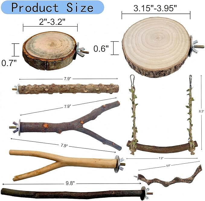 8PCS Natural Bird Perches for Cage, Parakeet Perches Set, Birds Toys, Natural Wood Perch for Small Birds Cages, Bird Cage Accessories, Parrot Stand for Cockatiels,Conure,Lovebird, Budgie Toys