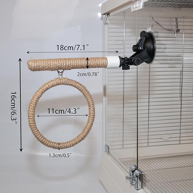Natural Flax Bird Perch Stand with Strong Suction Cups | Movable Parrot Training Perch for Window/Mirror/Car/Tiles | Universal for Budgie, Cockatiel, Conure (Perch Stand with Swing)