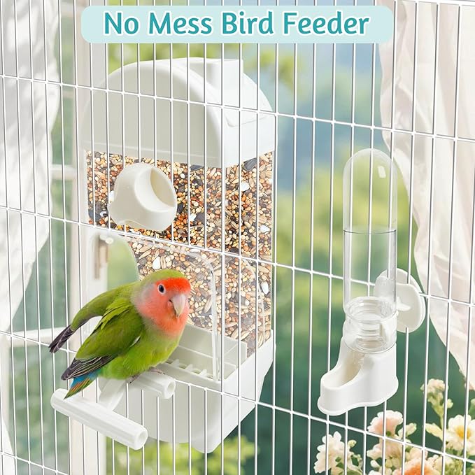 Tfwadmx No Mess Automatic Bird Feeder for Cage Transparent Food Container Parrot Water Dispenser Cage Accessories for Cockatiels, Finches, Budgies Canaries (White)
